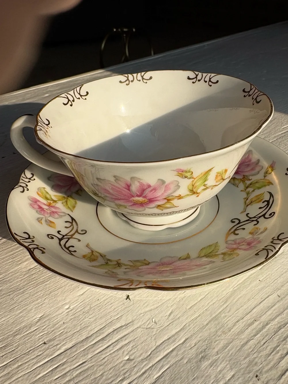 Vintage Floral Porcelain Teacup and Saucer - Pink